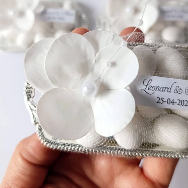 Nikah Şekeri Nks-318B Badem Şekerli Ortanca Çiçekli Gümüş Metal Mini Tepsi