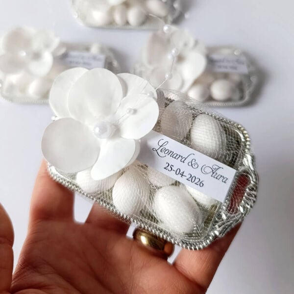 Nikah Şekeri Nks-318B Badem Şekerli Ortanca Çiçekli Gümüş Metal Mini Tepsi