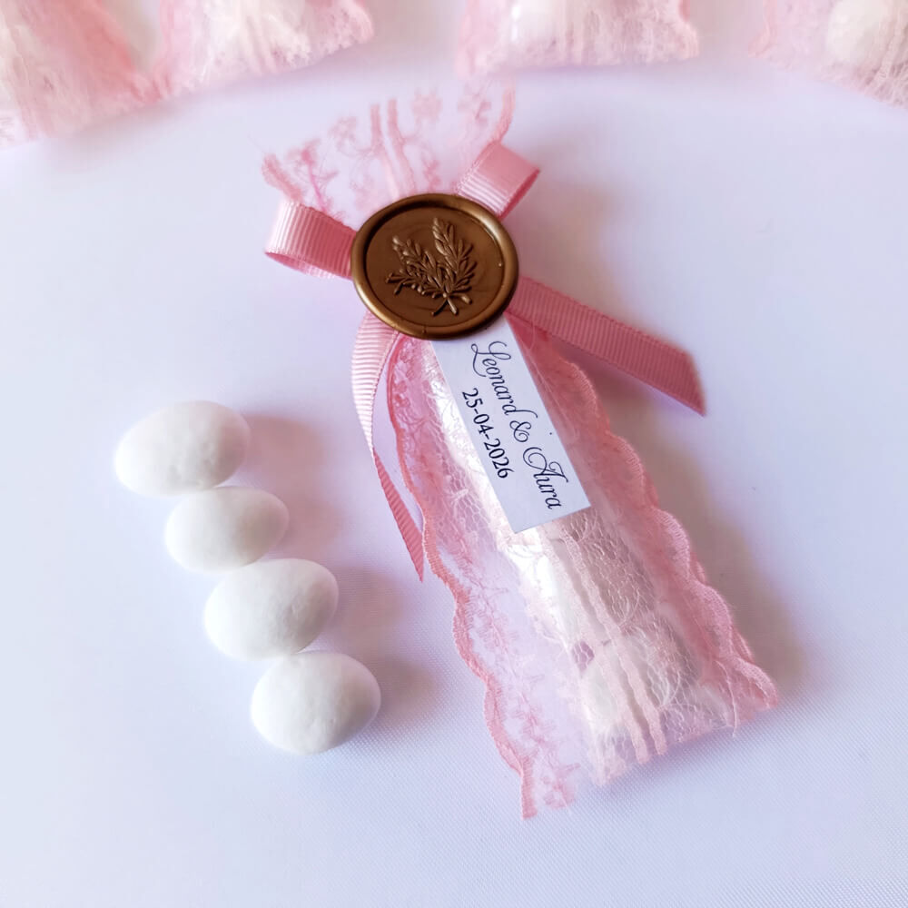 Nikah Şekeri Magnet Nks-320B Badem Şekerli Mühürlü Pembe Organze Tül Kese
