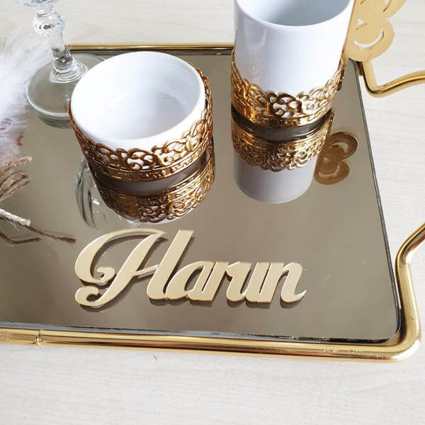Nişan Tepsisi Tps-23G | 2li Gold CNC Büküm Söz Tepsisi - Damat Kahvesi
