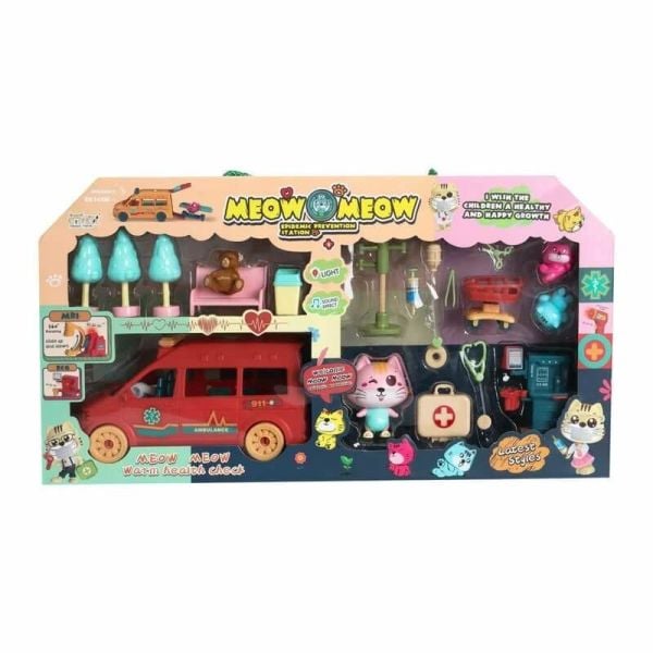 Kedili Oyuncak Ambulans ve Hayvan Hastanesi Seti Sesli Işıklı MG-089D4