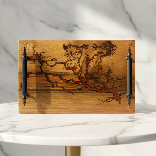 Sunum Tepsisi Eps-K20 | El Yapımı Bordo Epoksi Desenli Ceviz Ağacı Dekoratif Tepsi