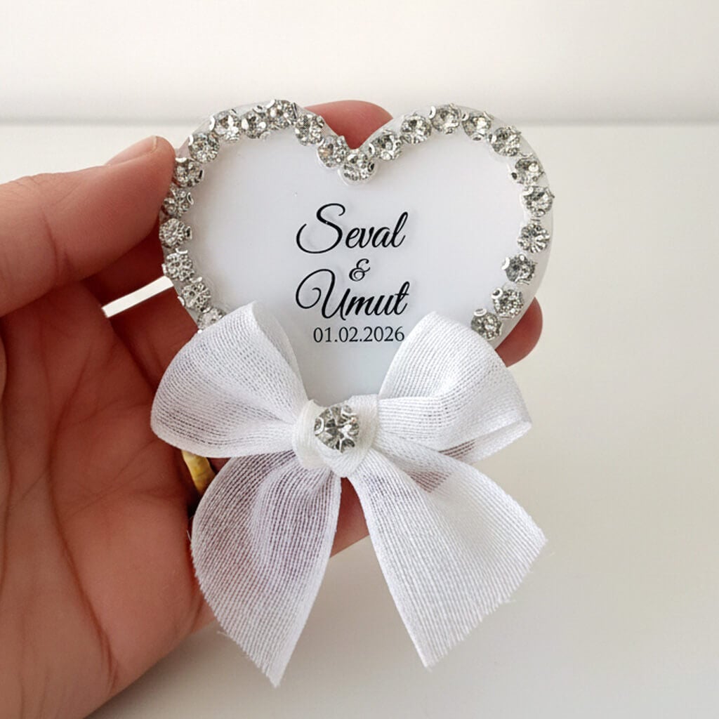 Nikah Şekeri Magneti Nks-327A Arkası Boyalı Kristal Taş Döşeme Şeffaf Pleksi Kalp Magnet