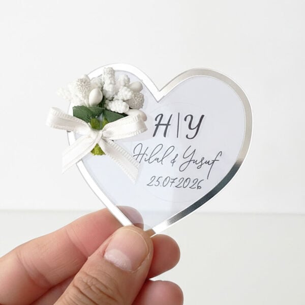 Nikah Şekeri Hediyeliği Nks-331A Gümüş Aynalı Pleksi Çerçeveli Şeffaf Kalp Magnet
