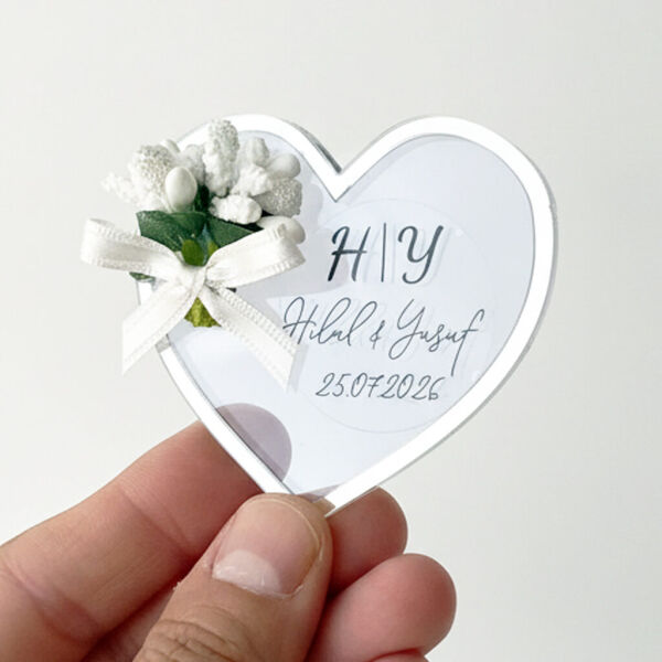 Nikah Şekeri Hediyeliği Nks-331A Gümüş Aynalı Pleksi Çerçeveli Şeffaf Kalp Magnet