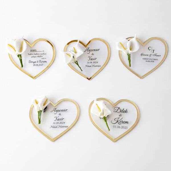 Nikah Şekeri Hediyeliği Nks-331B Gold Aynalı Pleksi Çerçeveli Şeffaf Kalp Magnet