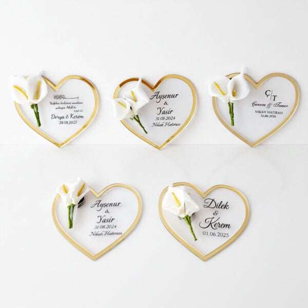 Nikah Şekeri Hediyeliği Nks-331B Gold Aynalı Pleksi Çerçeveli Şeffaf Kalp Magnet