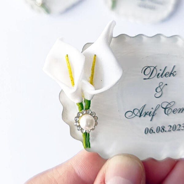 Nikah Şekeri Hediyeliği Nks-336 Gala Çiçekli Tırtıklı Elips Pleksi Magnet