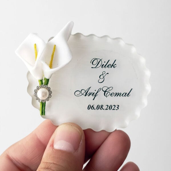 Nikah Şekeri Hediyeliği Nks-336 Gala Çiçekli Tırtıklı Elips Pleksi Magnet
