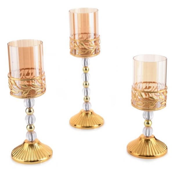 Dekoratif Mumluk Smd-23 | Yaprak Desenli 3'lü Şamdan Modelleri Gold