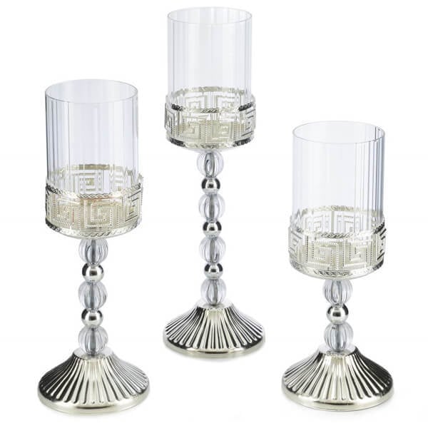 Dekoratif Mumluk Smd-33 | Versace Desenli 3'lü Şamdan Modelleri Gümüş