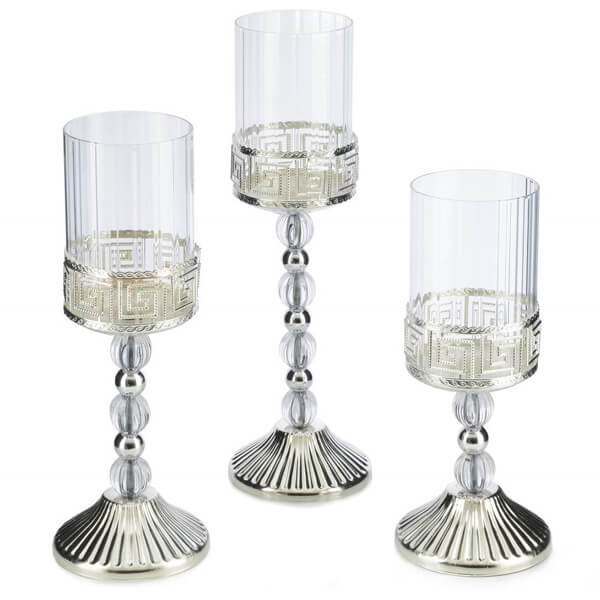 Dekoratif Mumluk Smd-33 | Versace Desenli 3'lü Şamdan Modelleri Gümüş