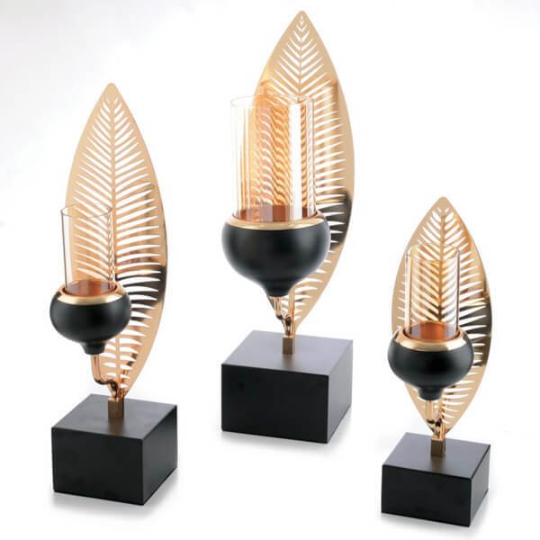 Dekoratif Mumluk Smd-43 | Yaprak Figürlü 3'lü Modern Şamdan Siyah