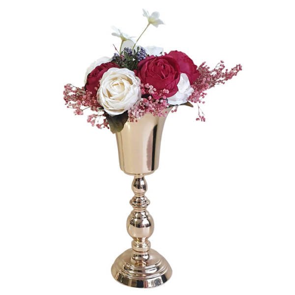 Çiçekli Vazo Vz-01 | Yapay Çiçek Demeti ve Metal Vazo Gold