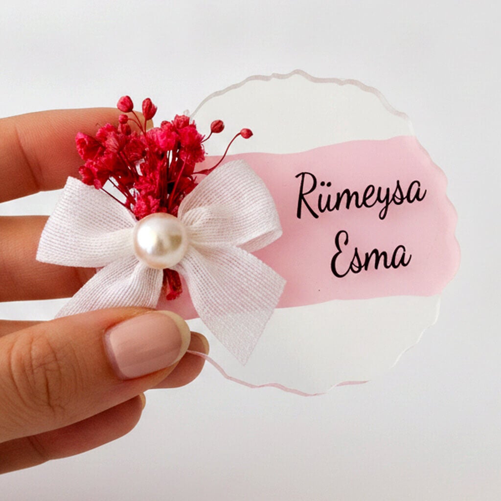 Bebek Şekeri Hediyeliği Bebe-329P Pembe Boyamalı Tırtıklı Yuvarlak Şeffaf Pleksi Magnet