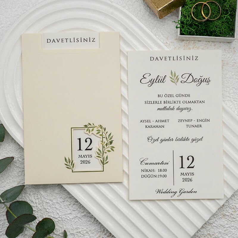 Yaprak Desenli Pencereli Rose Renk Zarflı Ekonomik Düğün Davetiyesi Ekn-4753