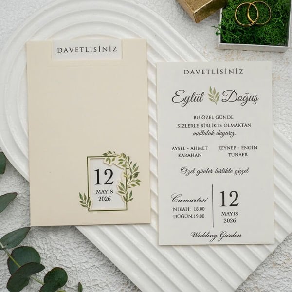 Yaprak Desenli Pencereli Rose Renk Zarflı Ekonomik Düğün Davetiyesi Ekn-4753