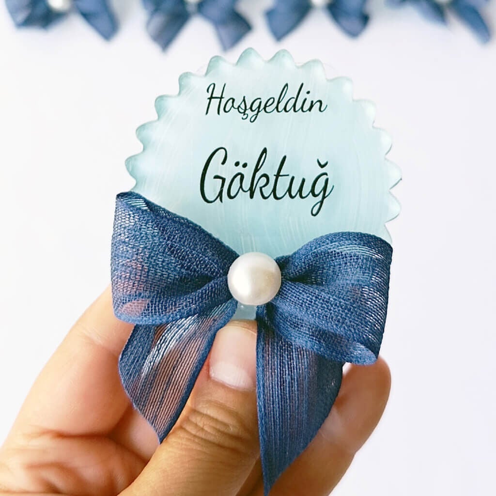 Bebek Şekeri Hediyeliği Bebe-332M Dalgalı Yuvarlak Arkası Mavi Şeffaf Pleksi Magnet