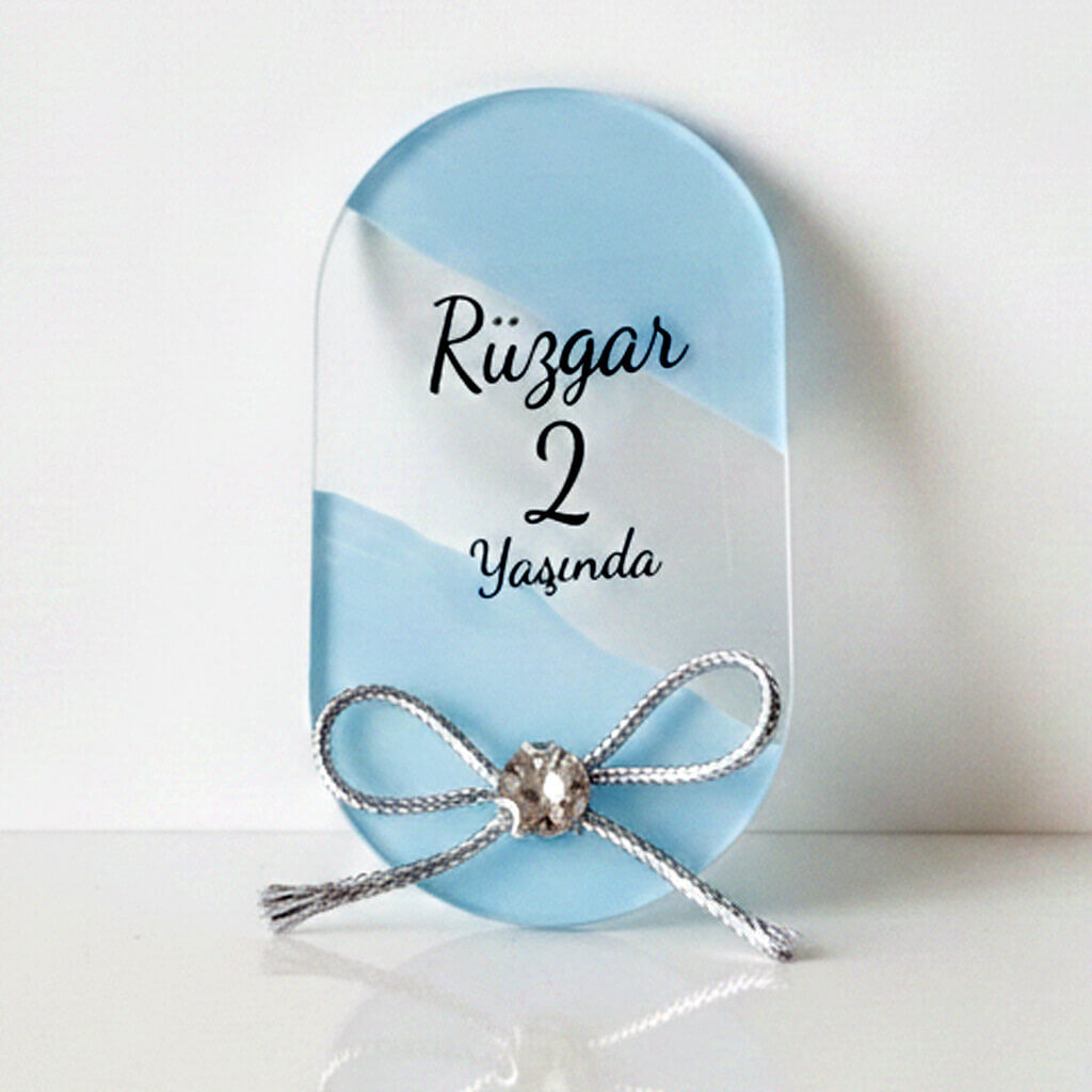 Bebek Şekeri Hediyeliği Bebe-333-2M Arkası Mavi Kristal Taşlı Elips Şeffaf Pleksi Magnet