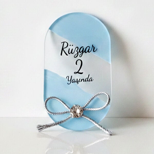 Bebek Şekeri Hediyeliği Bebe-333-2M Arkası Mavi Kristal Taşlı Elips Şeffaf Pleksi Magnet