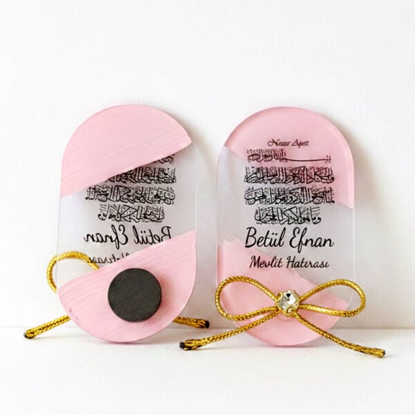 Bebek Şekeri Hediyeliği Bebe-333-2P Arkası Pembe Kristal Taşlı Elips Şeffaf Pleksi Magnet