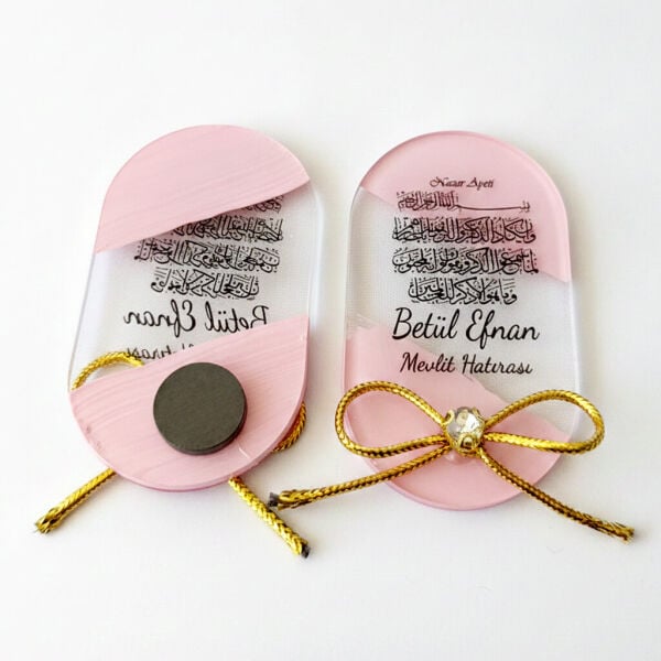 Bebek Şekeri Hediyeliği Bebe-333-2P Arkası Pembe Kristal Taşlı Elips Şeffaf Pleksi Magnet