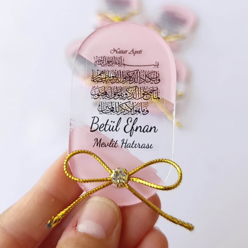 Bebek Şekeri Hediyeliği Bebe-333-2P Arkası Pembe Kristal Taşlı Elips Şeffaf Pleksi Magnet