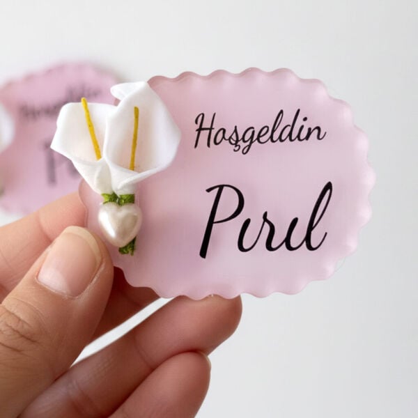Bebek Şekeri Hediyeliği Bebe-336P Gala Çiçekli Arkası Pembe Tırtıklı Elips Pleksi Magnet