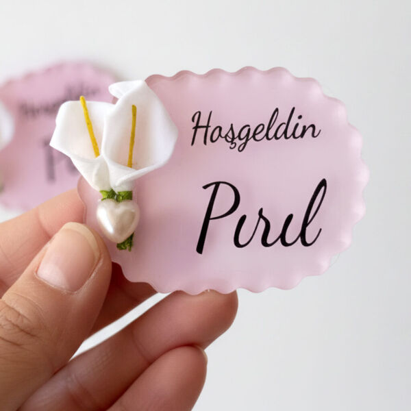 Bebek Şekeri Hediyeliği Bebe-336P Gala Çiçekli Arkası Pembe Tırtıklı Elips Pleksi Magnet