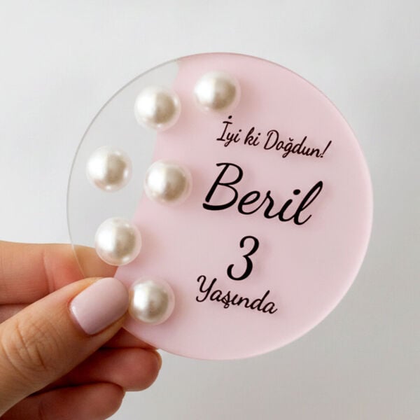 Bebek Şekeri Hediyeliği Bebe-338P İncili Yuvarlak Pembe Boyalı Şeffaf Pleksi Magnet