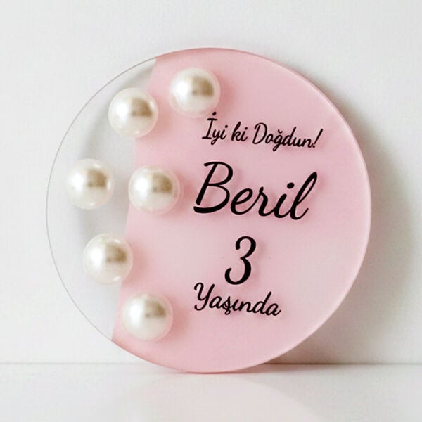 Bebek Şekeri Hediyeliği Bebe-338P İncili Yuvarlak Pembe Boyalı Şeffaf Pleksi Magnet