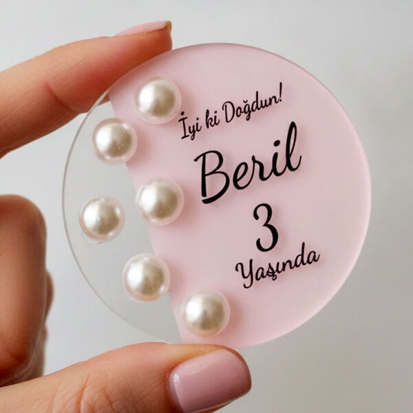 Bebek Şekeri Hediyeliği Bebe-338P İncili Yuvarlak Pembe Boyalı Şeffaf Pleksi Magnet