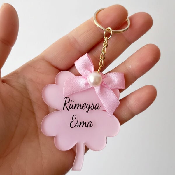 Bebek Şekeri Hediyeliği Bebe-339P Dört Kalp Yapraklı Yonca Pembe Pleksi Anahtarlık