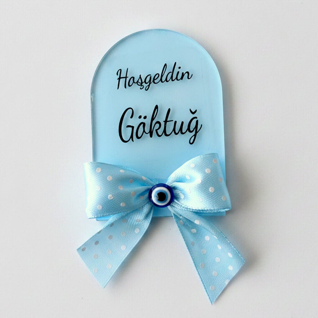 Bebek Şekeri Hediyeliği Bebe-345M Nazar Boncuklu Arkası Mavi Pencere Modeli Pleksi Magnet