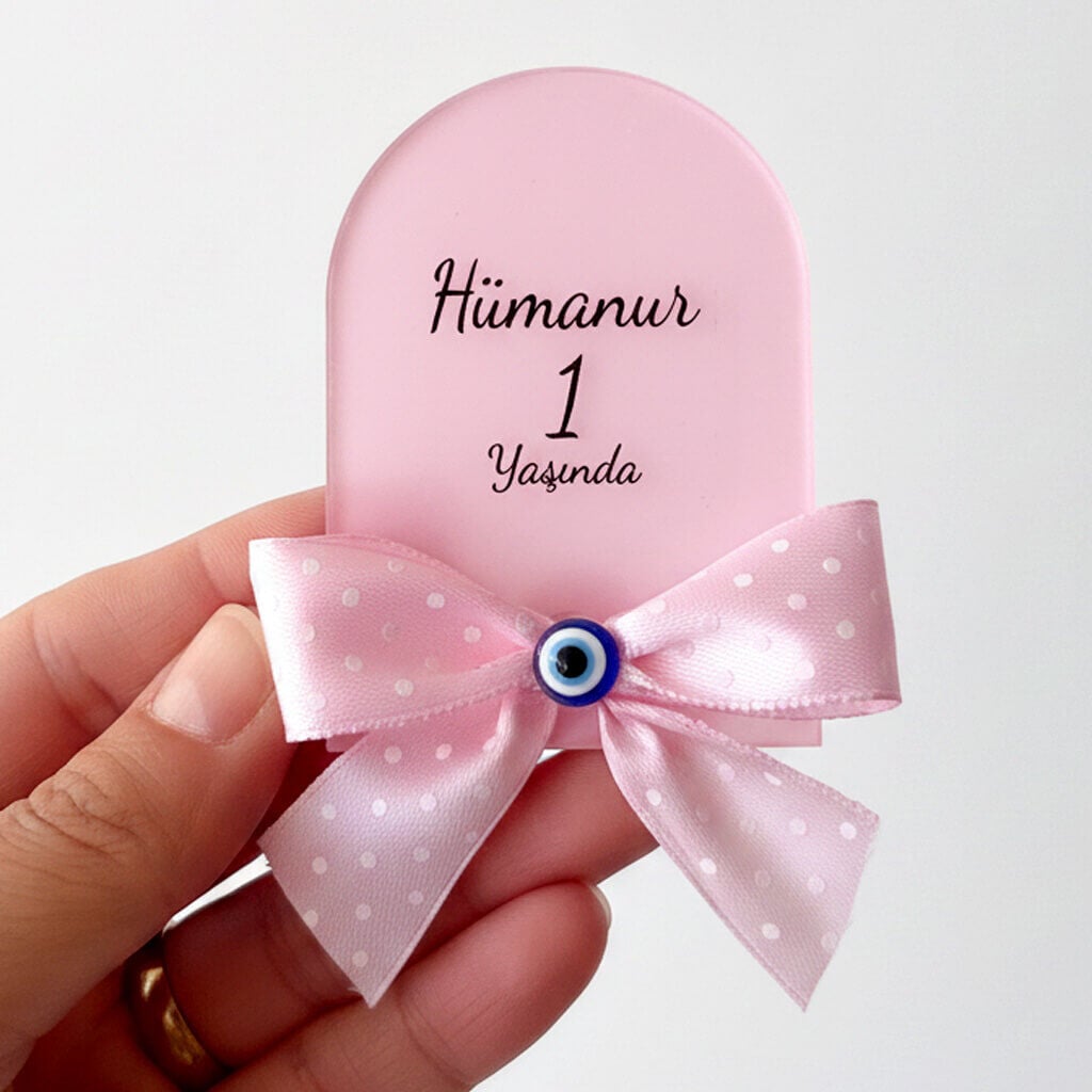 Bebek Şekeri Hediyeliği Bebe-345P Nazar Boncuklu Arkası Pembe Pencere Modeli Pleksi Magnet