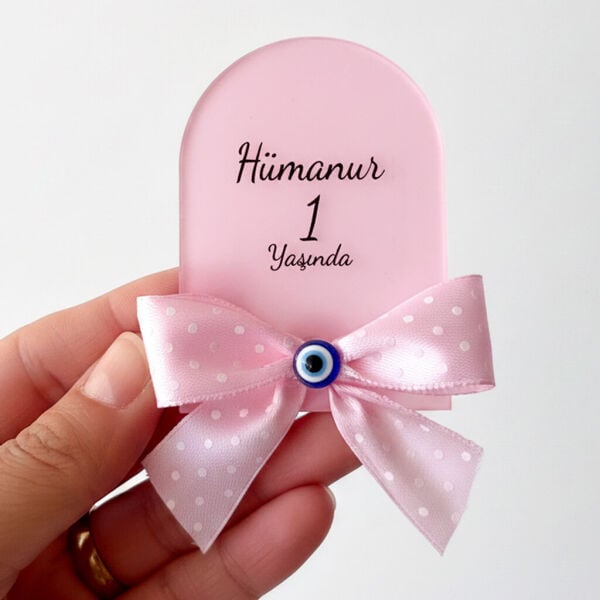 Bebek Şekeri Hediyeliği Bebe-345P Nazar Boncuklu Arkası Pembe Pencere Modeli Pleksi Magnet