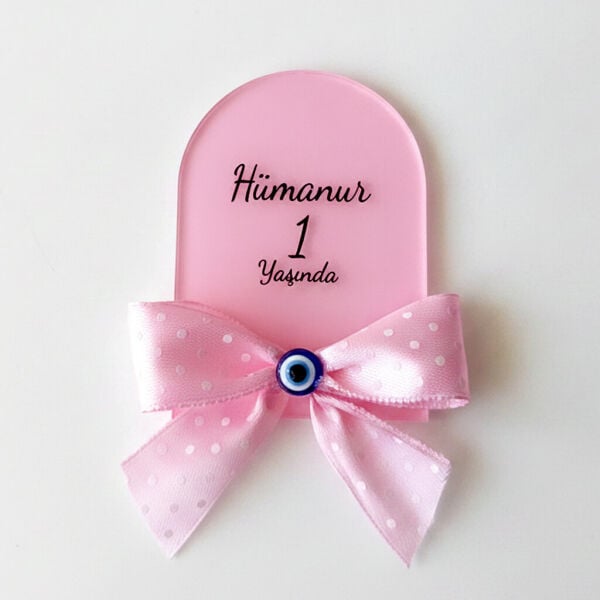Bebek Şekeri Hediyeliği Bebe-345P Nazar Boncuklu Arkası Pembe Pencere Modeli Pleksi Magnet