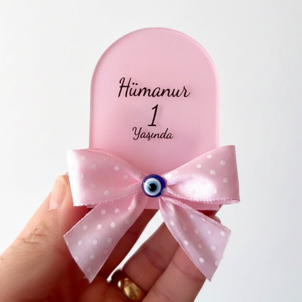 Bebek Şekeri Hediyeliği Bebe-345P Nazar Boncuklu Arkası Pembe Pencere Modeli Pleksi Magnet