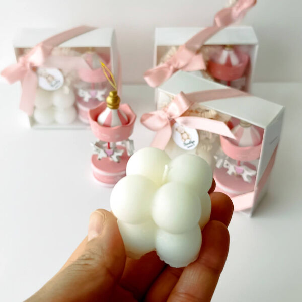 Bebek Şekeri Hediyeliği Bebe-350P Kutu İçinde Pembe Mum ve Pembe Atlı Karınca