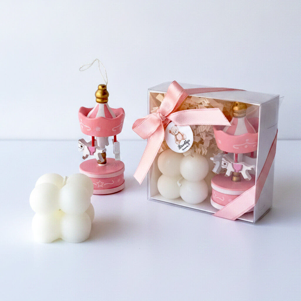 Bebek Şekeri Hediyeliği Bebe-350P Kutu İçinde Pembe Mum ve Pembe Atlı Karınca