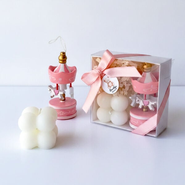 Bebek Şekeri Hediyeliği Bebe-350P Kutu İçinde Pembe Mum ve Pembe Atlı Karınca