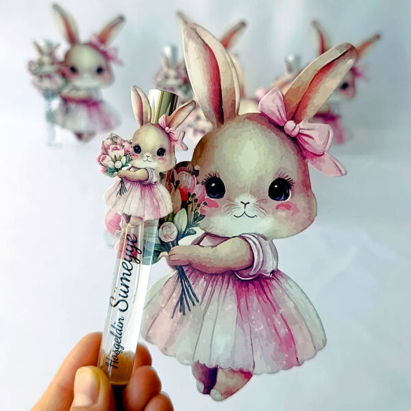 Bebek Şekeri Hediyeliği Bebe-355 Pembe Tavşanlı Sprey Kapaklı Cam Şişe