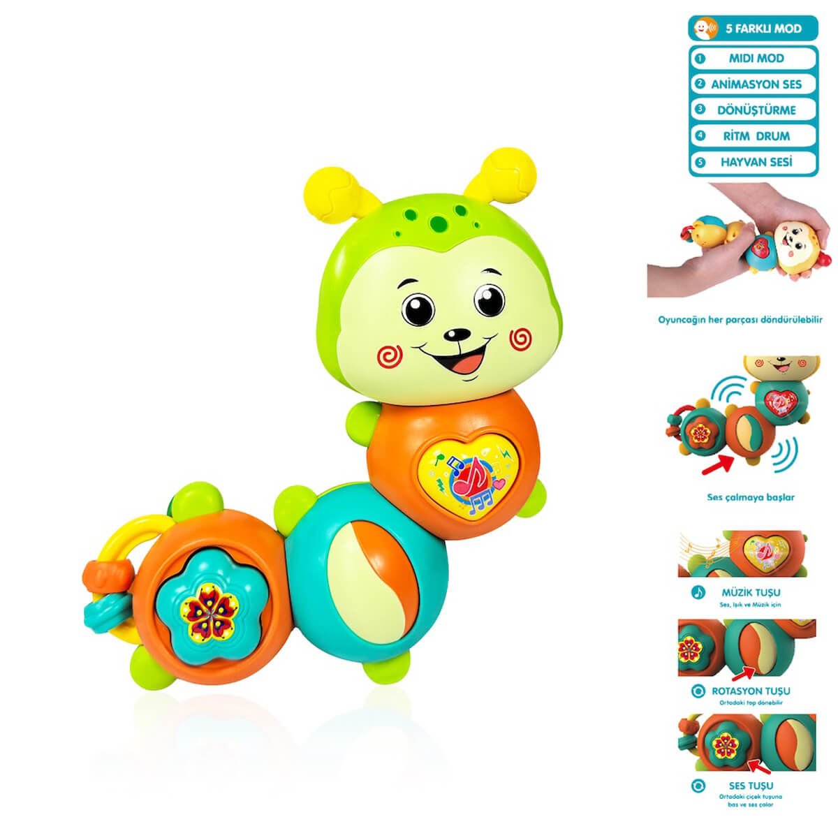 Işıklı ve Müzikli Hareketli Parçalar Yeşil Suratlı Tırtıl Bebek Piyanosu VR-B855-142A