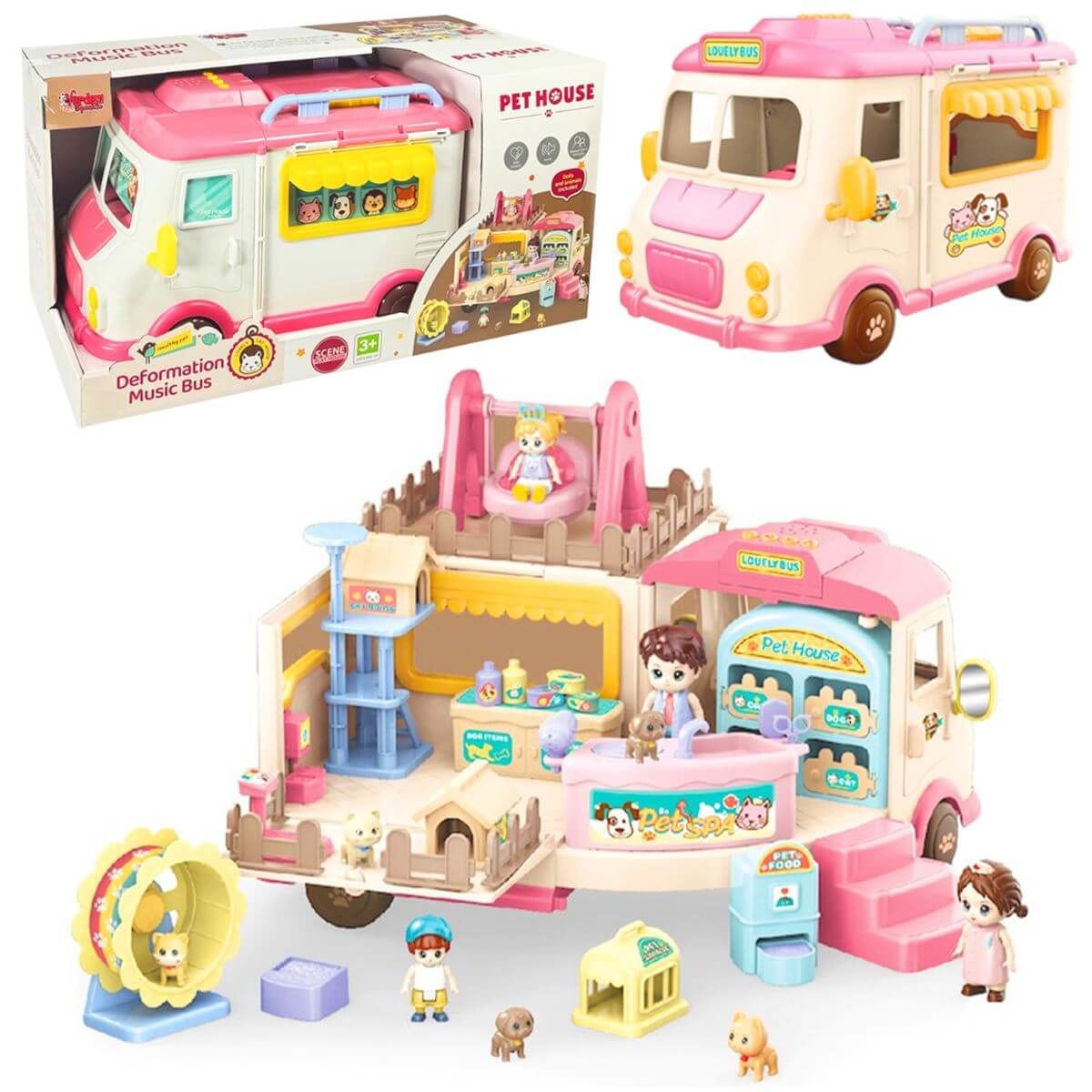 Sesli Aksesuarlı Açılıp Katlanabilir Oyuncak Veteriner Otobüs Karavan GB0506