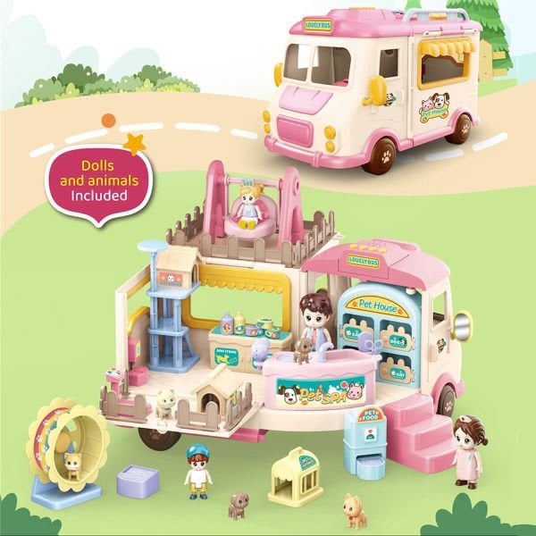 Sesli Aksesuarlı Açılıp Katlanabilir Oyuncak Veteriner Otobüs Karavan GB0506