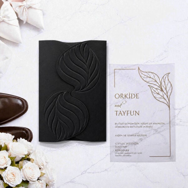 Düğün Davetiyesi Ar-602604 Yaprak Motifi Kabartmalı Siyah Zarflı Şeffaf Davetiye