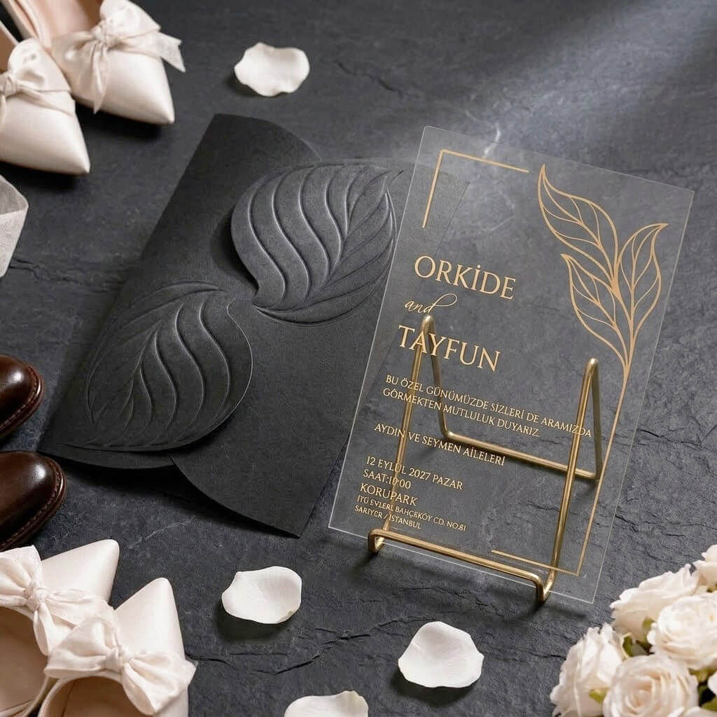 Düğün Davetiyesi Ar-602604 Yaprak Motifi Kabartmalı Siyah Zarflı Şeffaf Davetiye