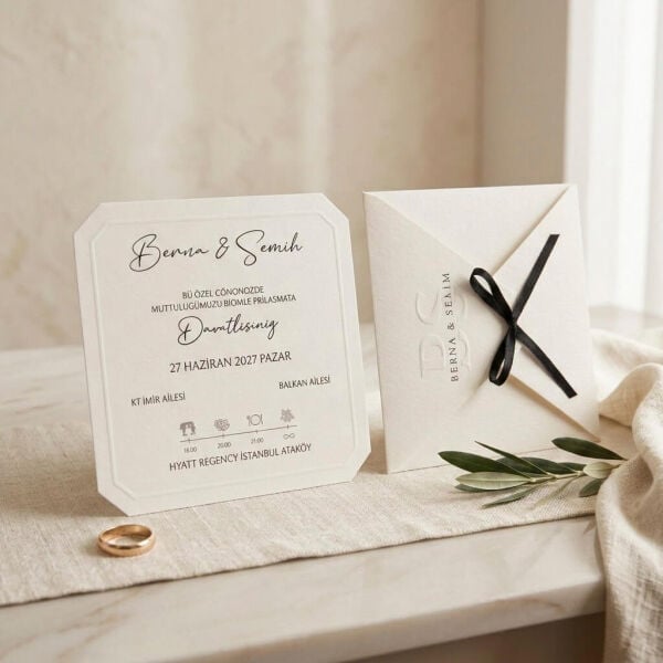 Düğün Davetiyesi Ar-602605K Krem Renk Kare Kurdele Fiyonklu Zarflı Modern Davetiye
