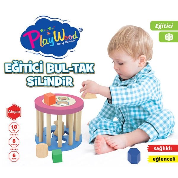 Ahşap 6  Renk 8 Parça Bul-Tak Silindir Eğitici Oyuncak Seti ONY-374