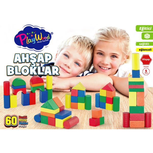 Eğitici 5 Renk 60 Parça Ahşap Bloklar Oyuncak Seti ONY-400